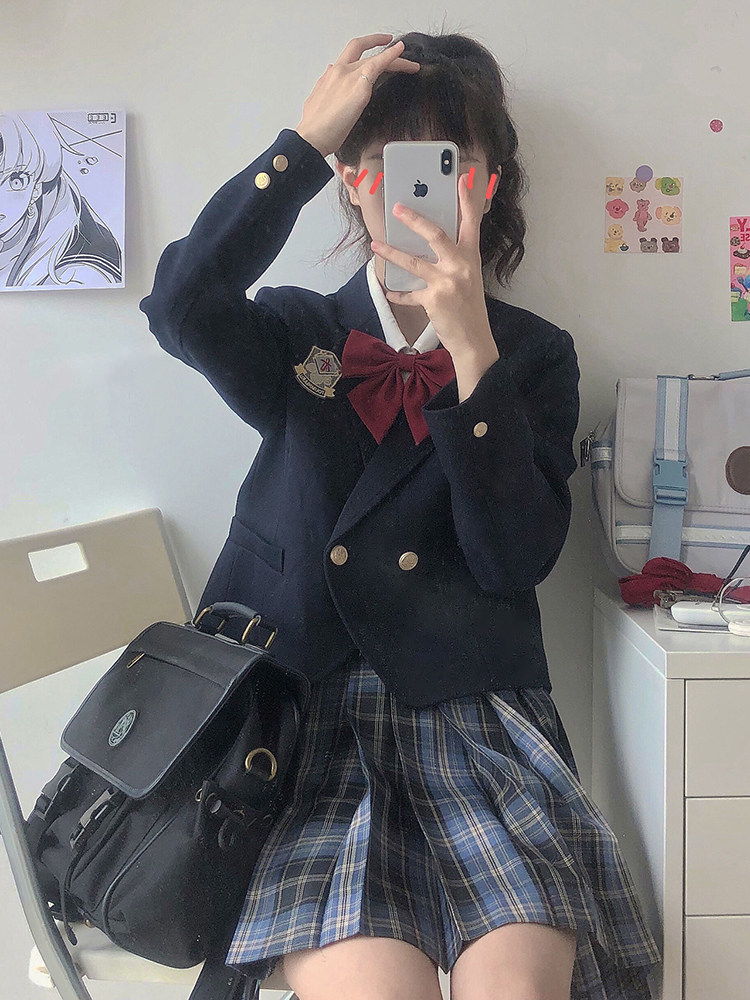 Japanese college style short suit jacket female autumn and winter jk uniform skirt genuine winter suit full set of slim suit