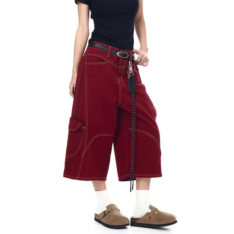 American Retro Deconstructed Workwear Pants with Visible Stitching and Multiple Pockets, Unisex Summer Loose Design Denim Cropped Pants Trendy