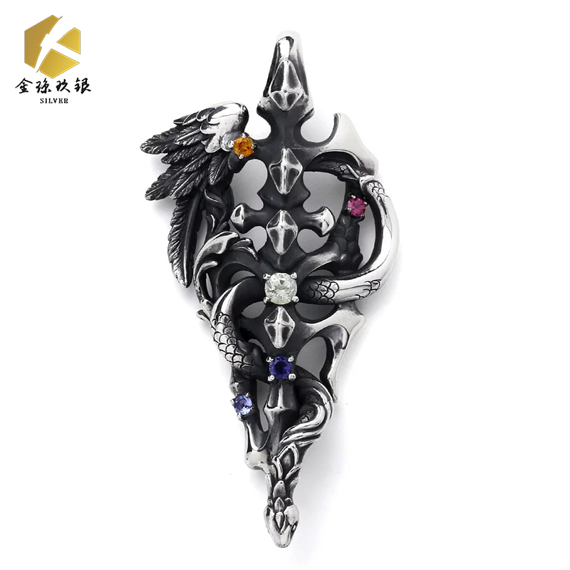 Bloody Marie spirit dagger Snake Winding Wings 925 Pure Silver Hollowed-out Inlaid Jewel Pendant Necklace Retro-Taobao