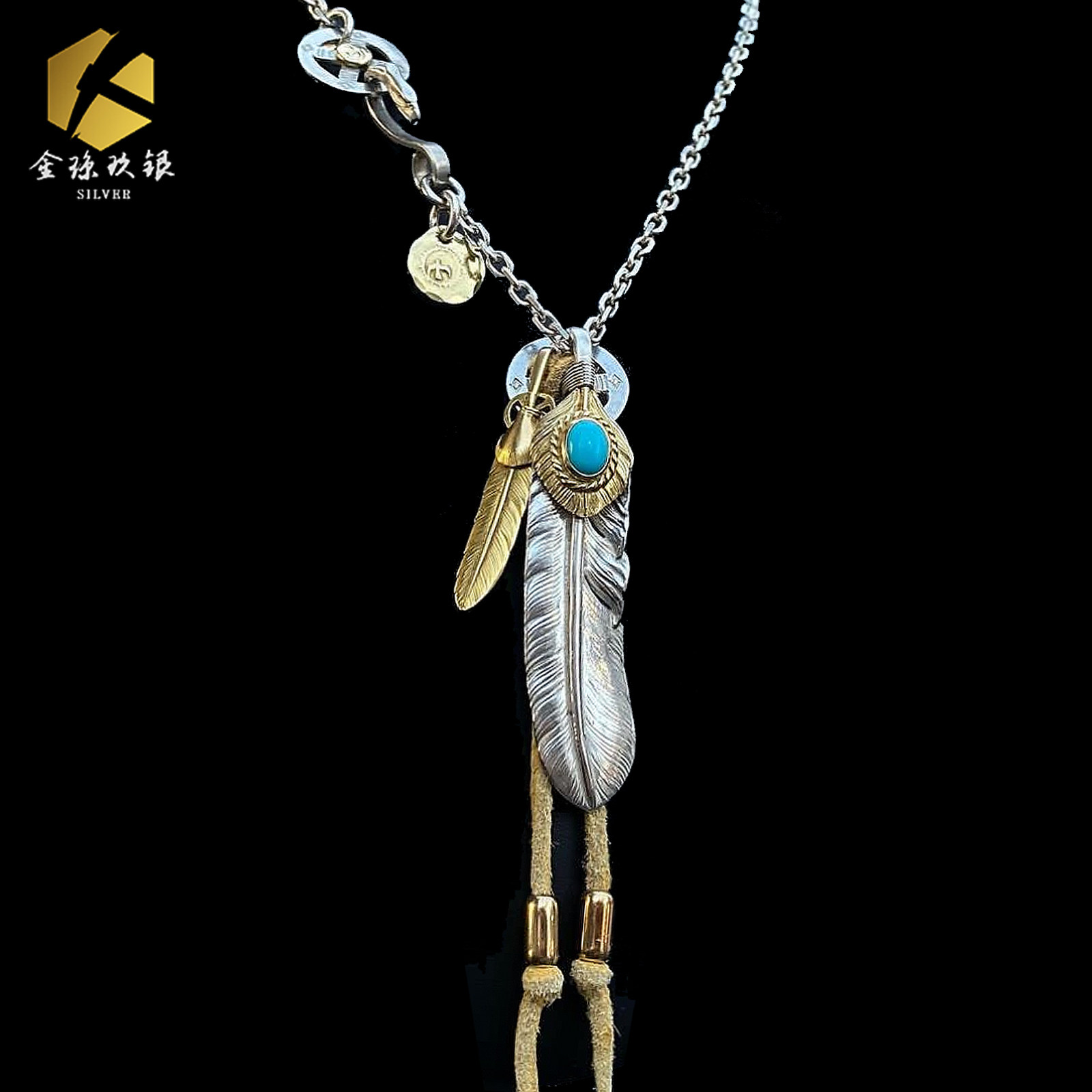 Ancient Takahashi Wulang tide feather necklace 925 silver upper gold green pine stone gold bay pure handmade silver decorated with male and female personality-Taobao