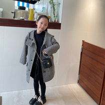 Girls houndstooth woolen coat Autumn and winter hooded Korean style silhouette foreign style baby plaid double-sided cashmere coat