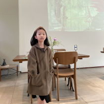 Girls horn buckle double-sided suede wool coat 2021 autumn and winter ocean air Korean version with cap cloak childs jacket