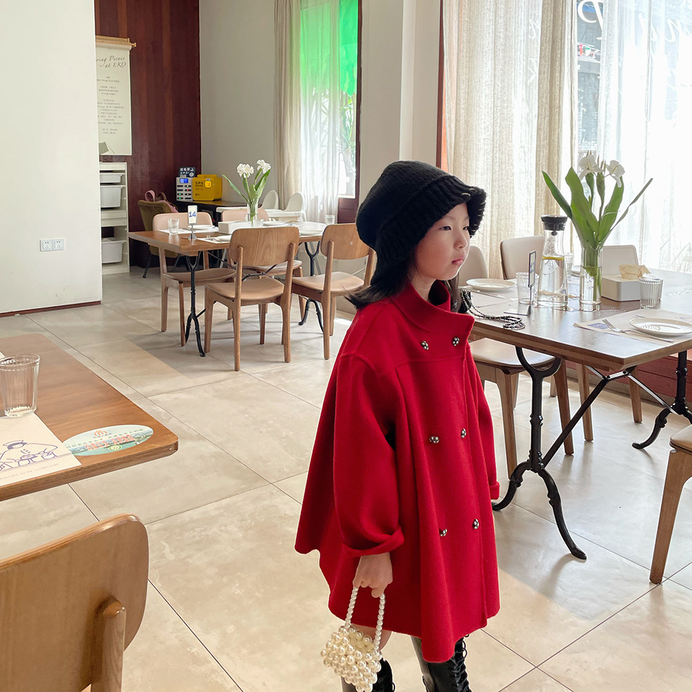 Girls cloak double-sided fleece wool coat 2022 autumn and winter children's foreign style little girl thickened baby woolen coat