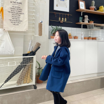 Starry Sky Blue Child Bifacial Cashmere Coat 2021 Autumn Winter Ocean Gas Tandem Cap Retro Girl Full Wool Suede Coat