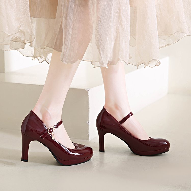 Waterproof Platform Cheongsam High Heels Women's Round Toe Chunky Heel Single Shoes with Ankle Strap Bridal Wedding Shoes 8cm Cosplay Leather
