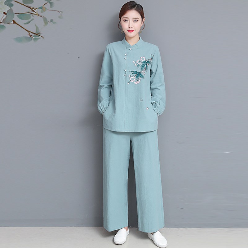 Chinese style Tang dress cotton linen waitress Working clothes retro meditation Autumn winter China Wind Zen Serie tea with long sleeve suit Female-Taobao