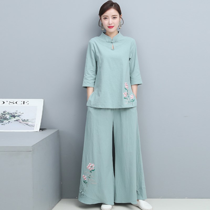 Buddhist family meditation on meditation in Chinese style Tang suit retro yoga clothes Chinese wind women's cotton linen tea suits two sets-Taobao