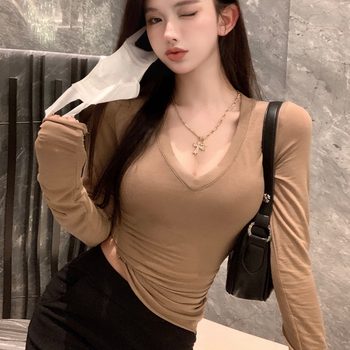 Design sense Tencel linen cotton thin long-sleeved T-shirt women's autumn pure desire sweet hot girl sexy shoulder short V-neck top