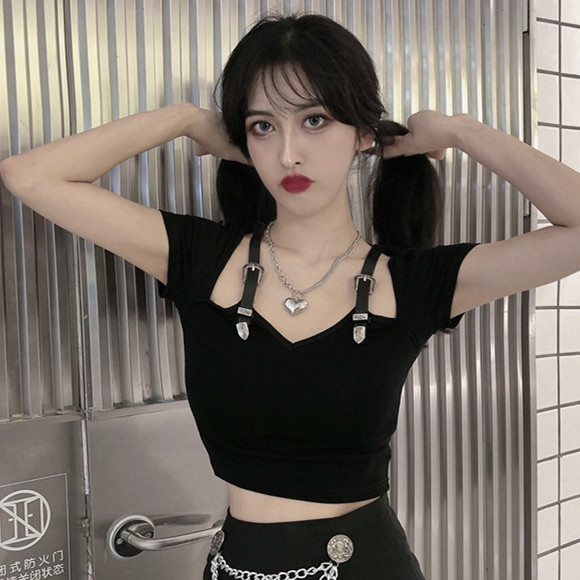 2022 summer new Hong Kong style women's clothing dark style personality fashion hollow shoulder strap slim short-sleeved T-shirt top female