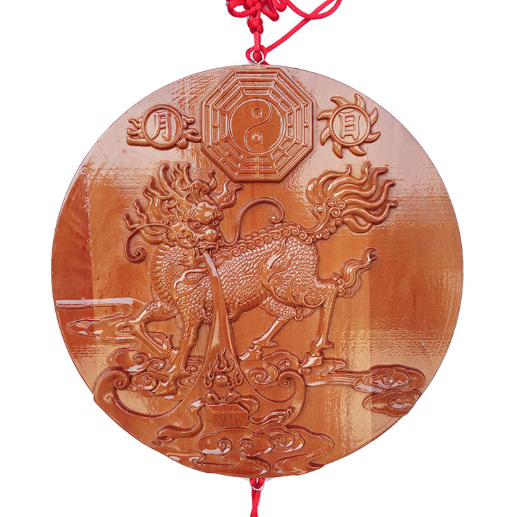 Peach wood carving unicorn pendant yin and yang tai chi gossip mirror retro relief to send child indoor bedside living room wall mascot