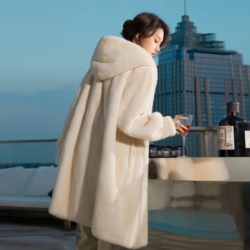 Yimengjindao Women's Mink Fur Coat, Full Mink Hooded Over-The-Knee Mink Fur Jacket, Young Fur Coat, Winter Coat