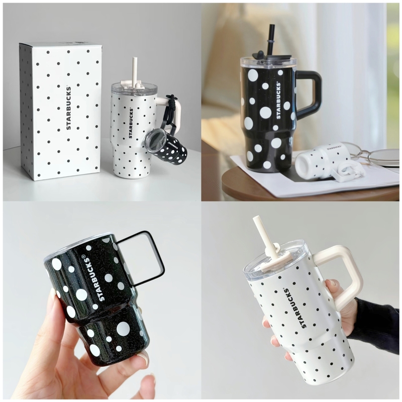 Starbucks Cup 2026 New Product Polka Dot Stainless Steel Double Drinking Mouth Cup with Mini Cup-Shaped Pendant 615ml