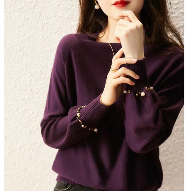 Pingedi's new women's authentic 2022 autumn and winter design handmade beaded sweater round neck purple wool sweater