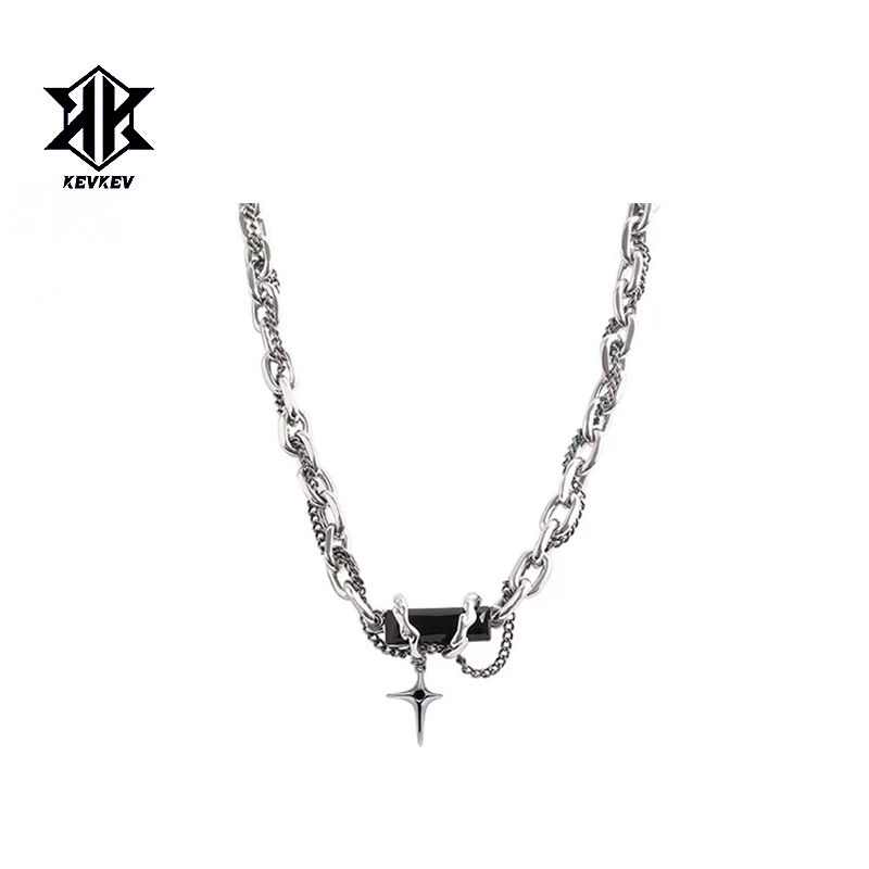 Jackson Wang Style Multi-Layered Obsidian Necklace for Men, Trendy Metal Style Four-Pointed Star Pendant, Cool Cuban Chain