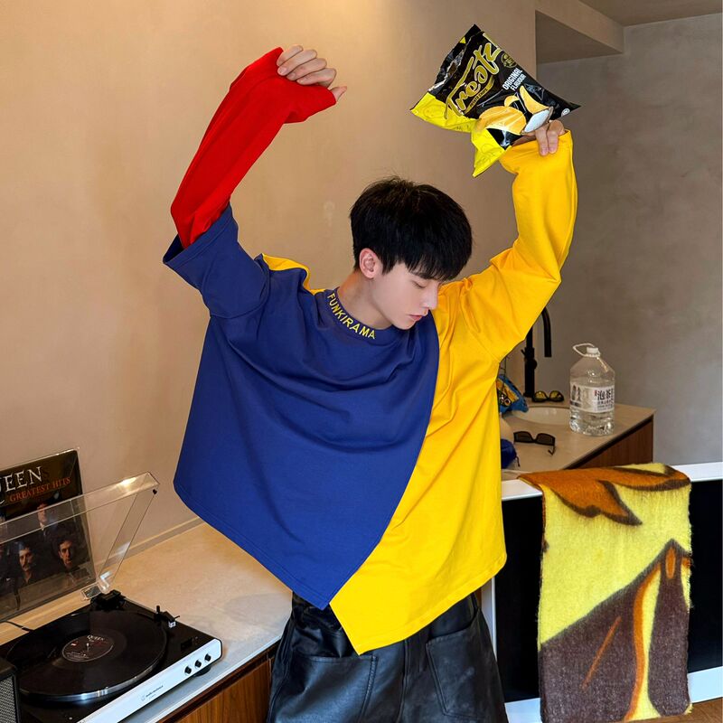 Guoyiju - Trendy American-Style Patchwork Color-Block Long-Sleeve Top for Men and Women, Street Style, Loose, Casual, Versatile Round-Neck T-Shirt