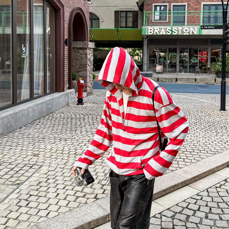Guoyiju - LAOSHU American-Style Street Striped Color-Block Hoodie for Men and Women, Casual Loose Thin Sweatshirt