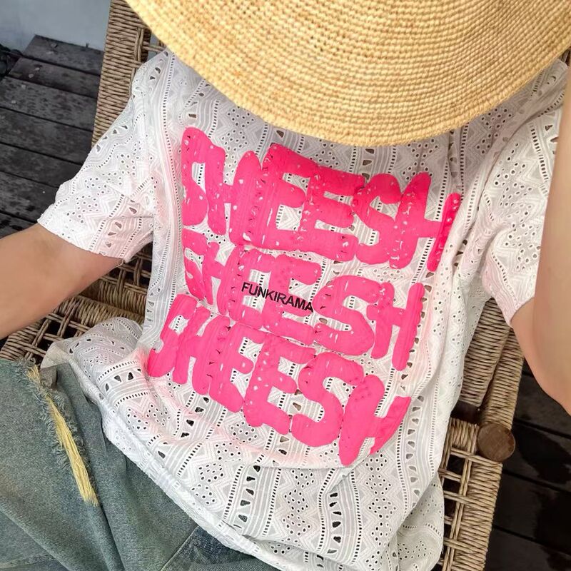 Guoyiju - [Hollow Out] Casual Loose-Fitting Fashionable Foam Letter Print Vacation Style Round Neck T-Shirt for Men and Women Couples