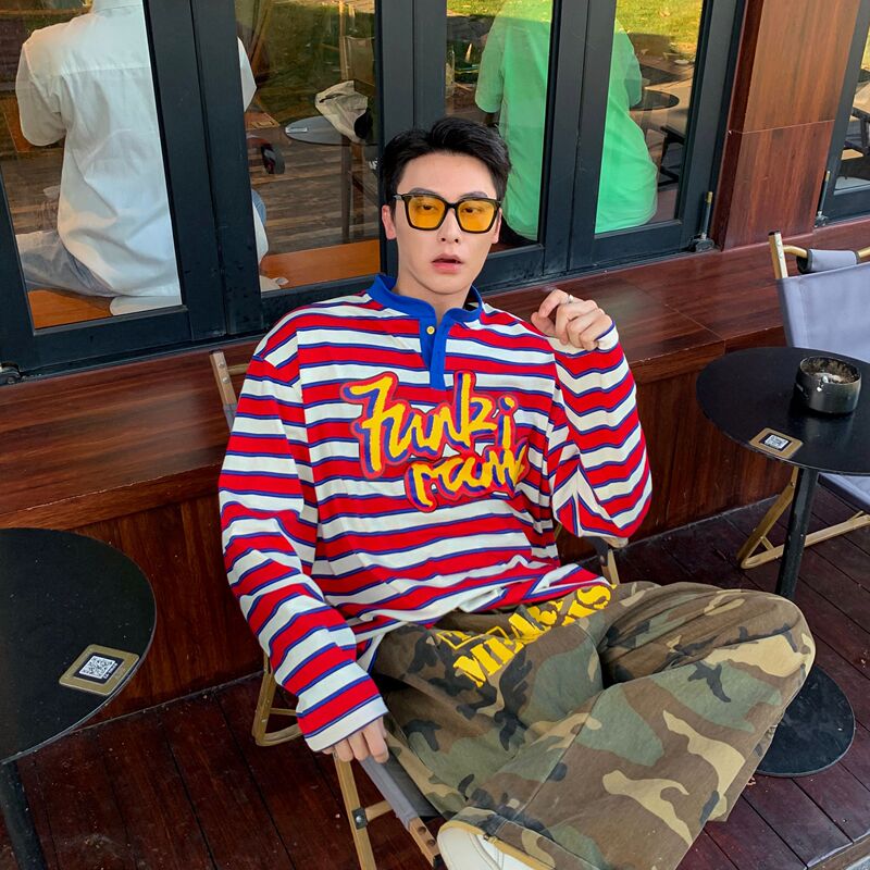 Guoyiju - American-Style Horizontal Striped Color-Blocked Small Stand-Up Collar Loose Casual Street Daily Retro Long-Sleeve T-Shirt for Men and Women Guoyiju - American-Style Horizontal Striped Color-Blocked Small Stand-Up Collar Loose Casual Street Daily Retro Long-Sleeve T-Shirt for Men and Women