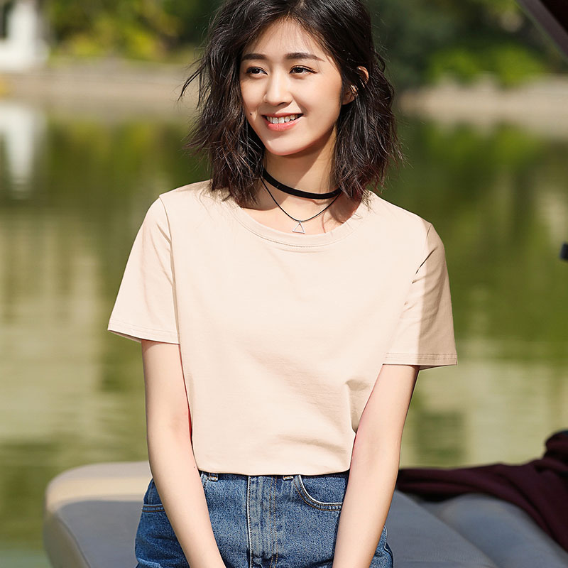 Milk Tea / CottonShort sleeve T-shirt female easy pure cotton jacket summer wear Half sleeve white T 桖 Women's wear 2021 new pattern tide Solid color Slubby cotton