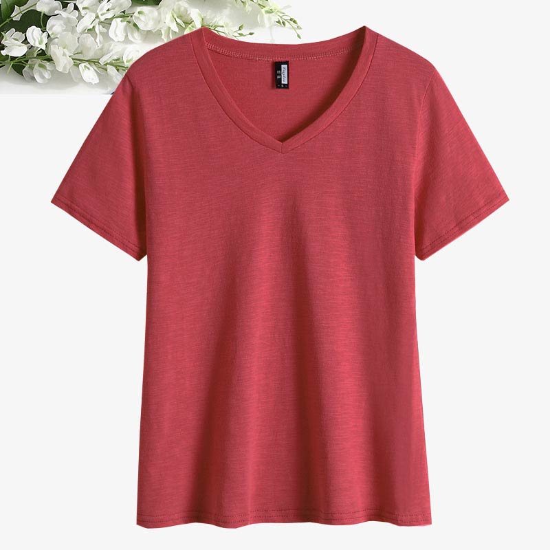 Rusty Red Slub Cotton VShort sleeve T-shirt female easy pure cotton jacket summer wear Half sleeve white T 桖 Women's wear 2021 new pattern tide Solid color Slubby cotton