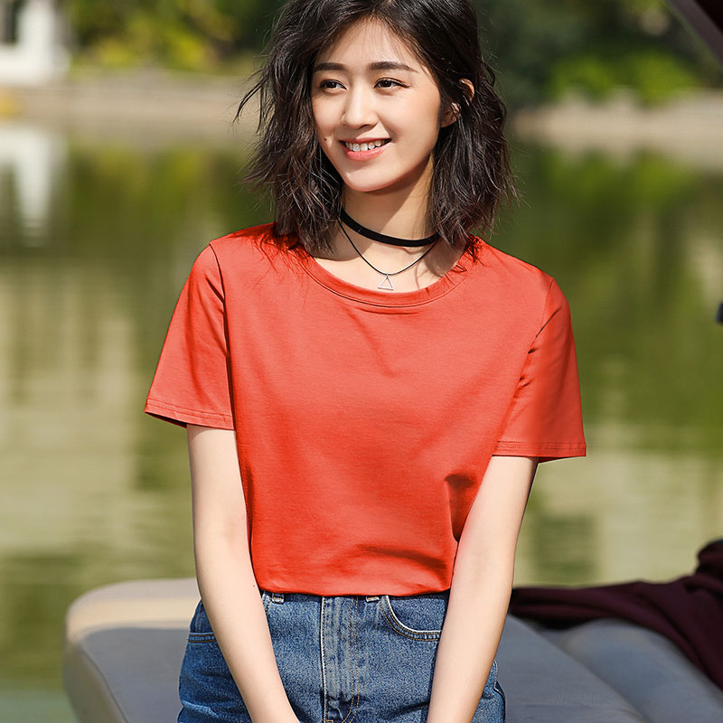 Grapefruit Red / CottonShort sleeve T-shirt female easy pure cotton jacket summer wear Half sleeve white T 桖 Women's wear 2021 new pattern tide Solid color Slubby cotton