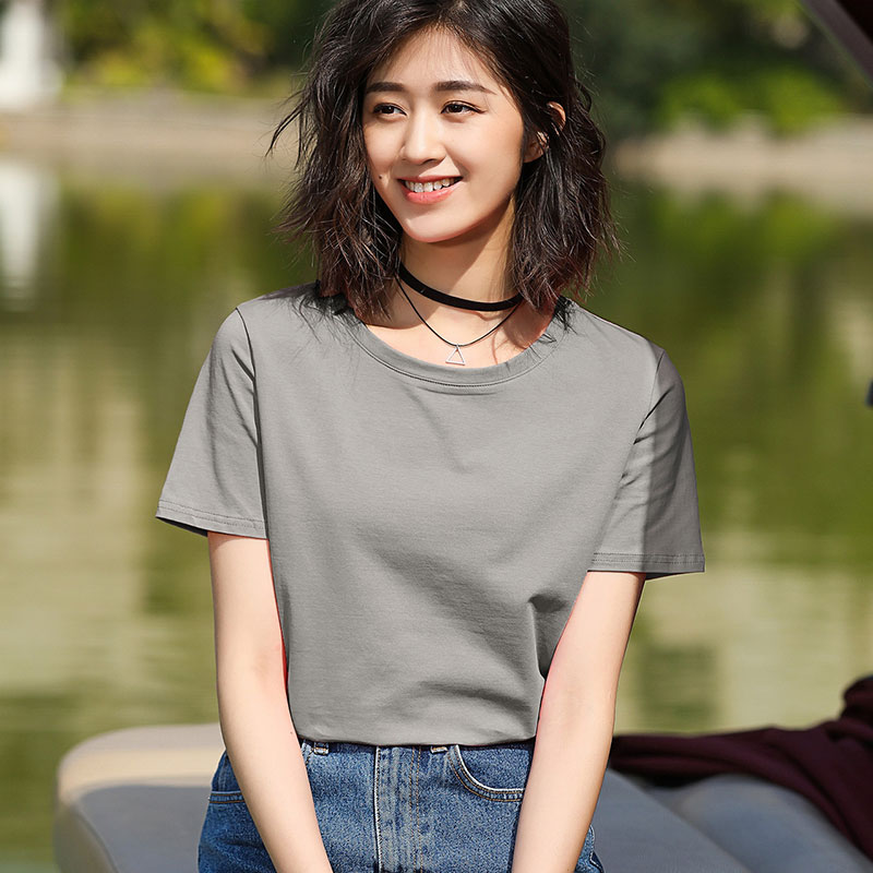 Grey / CottonShort sleeve T-shirt female easy pure cotton jacket summer wear Half sleeve white T 桖 Women's wear 2021 new pattern tide Solid color Slubby cotton