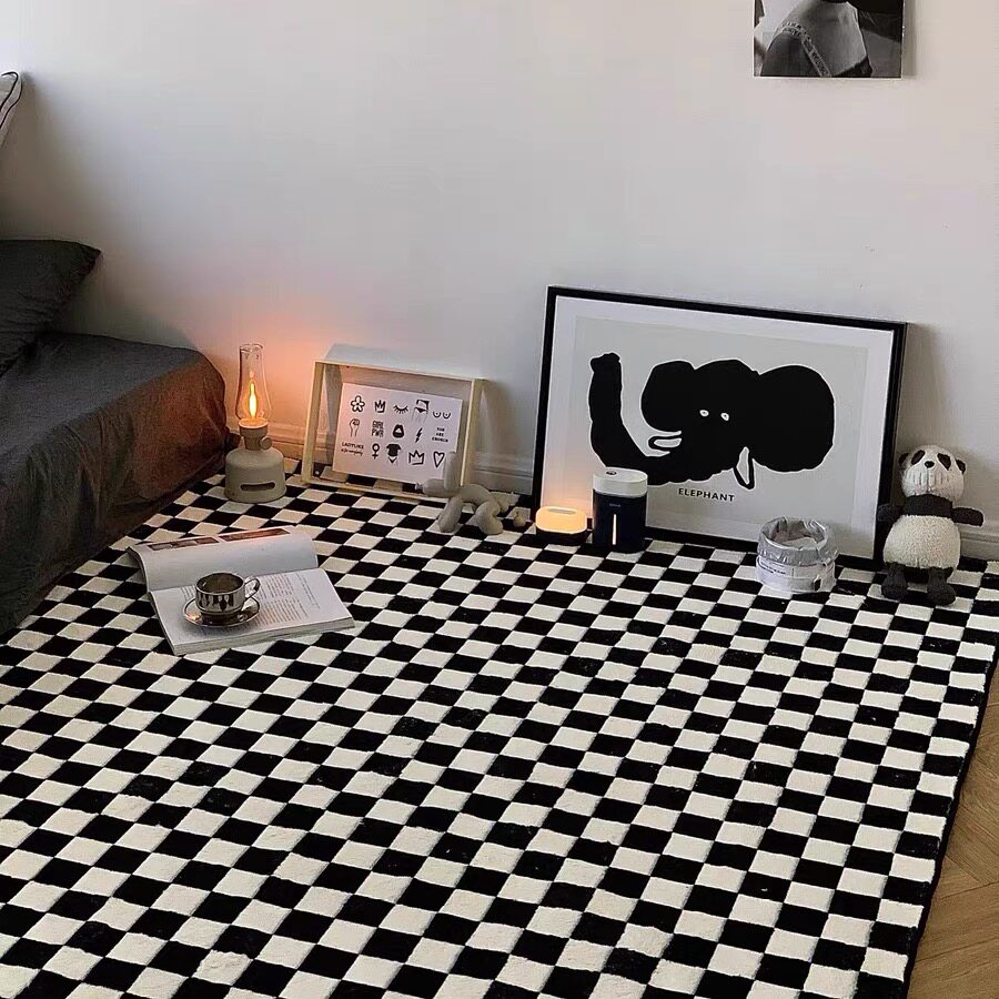 Checkerboard carpet living room personality black and white green plaid bedside bedroom trend ins style Moroccan floor mat customization