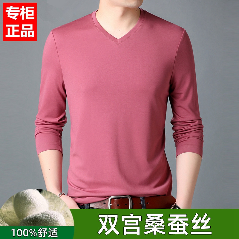 2022 men's long sleeves T-shirt mulberry silk spring autumn clothing thin summer ice silk jersey V collar trend clothes