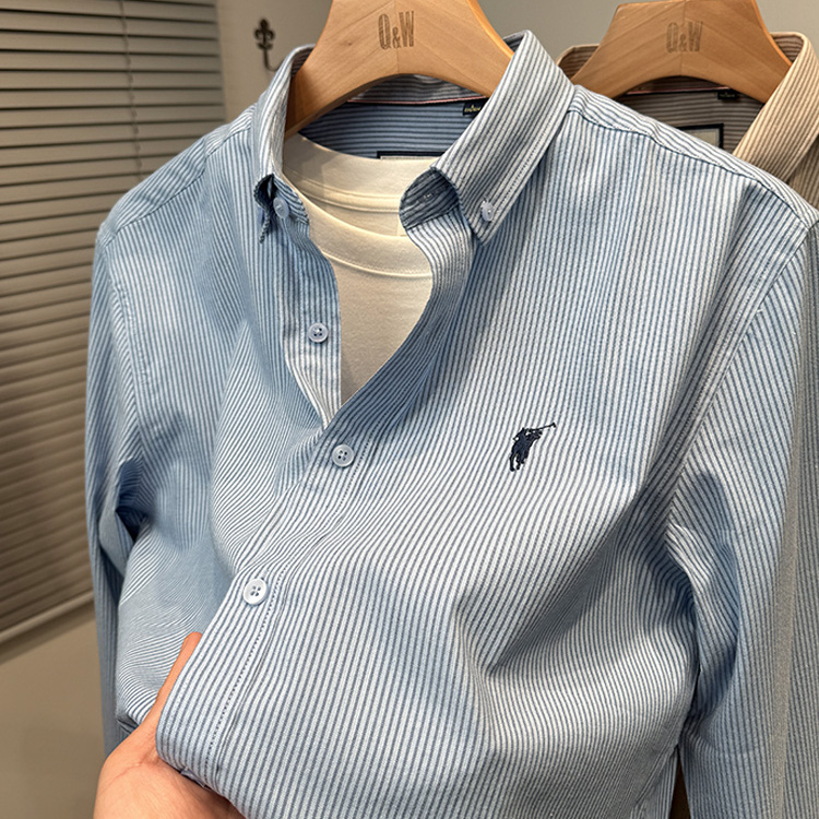 Classic Vertical Striped Polo Shirt with Pony Logo, Men's Long-Sleeve Spring and Autumn New Style Shirt, Trendy Men's Fashion Brand Shirt