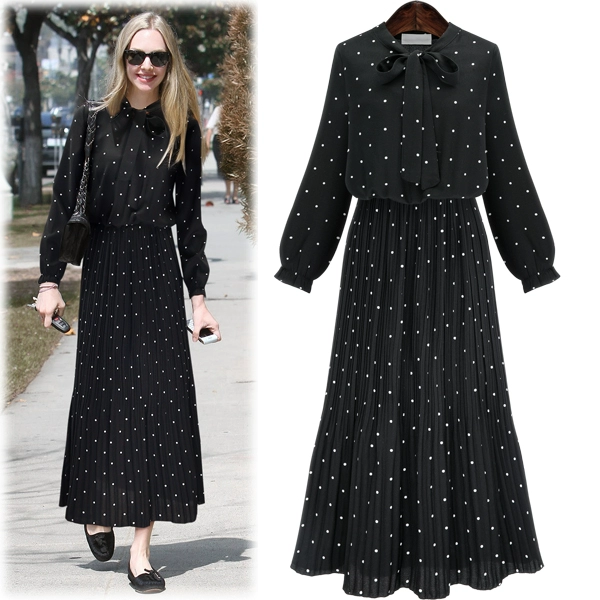Ga châu âu plus size nữ đầm dài tay in họa tiết chấm bi Đầm dài xếp ly Bohemian - Váy dài
