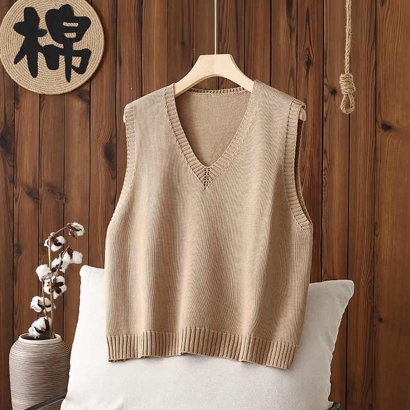 Retro V Neck Cotton Knitted Vest for Women, Spring & Fall Style, Loose, Artistic, Pure Color, Outer Wear Vest, Versatile