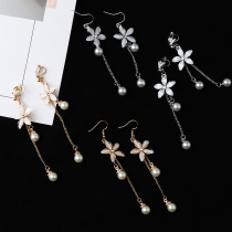 Earless ear clip flower Pearl long earrings Korea simple fresh and versatile fashion earrings earrings earrings female