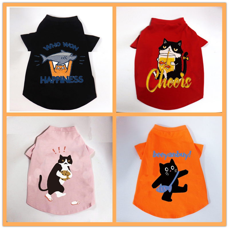 Cat Clothes with Printed Patterns, Shedding-Resistant, Spring Thin Short-Sleeve Pure Cotton Breathable Cat Clothes, Pet Clothes, Anime Cute Cat