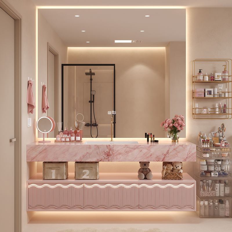 Hotel-Style Four-Season Pink-Green Slate Seamless Integrated Basin Bathroom Cabinet Set 2026 New Model Washbasin Sink