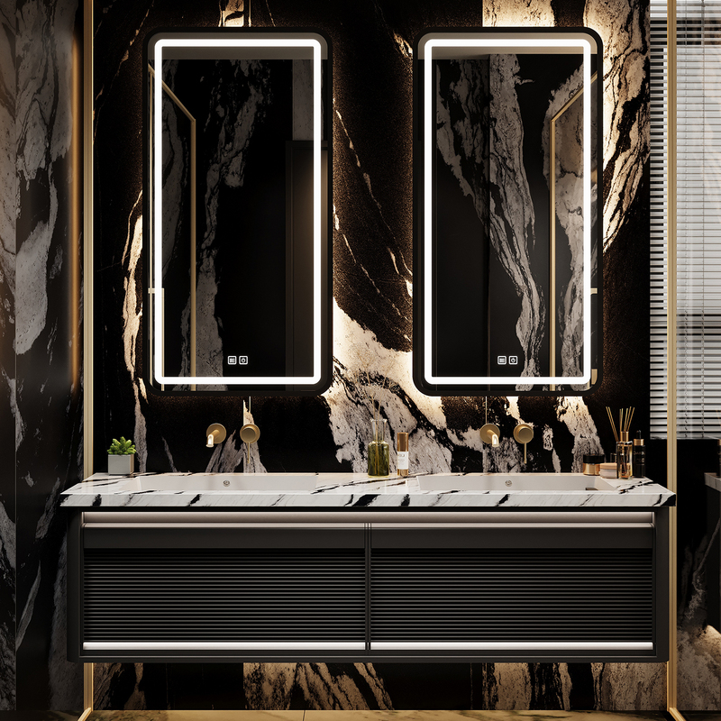 Italian Light Luxury Hotel Style Oak Bathroom Cabinet Set with Slate Washbasin and Double Sink Vanity Unit
