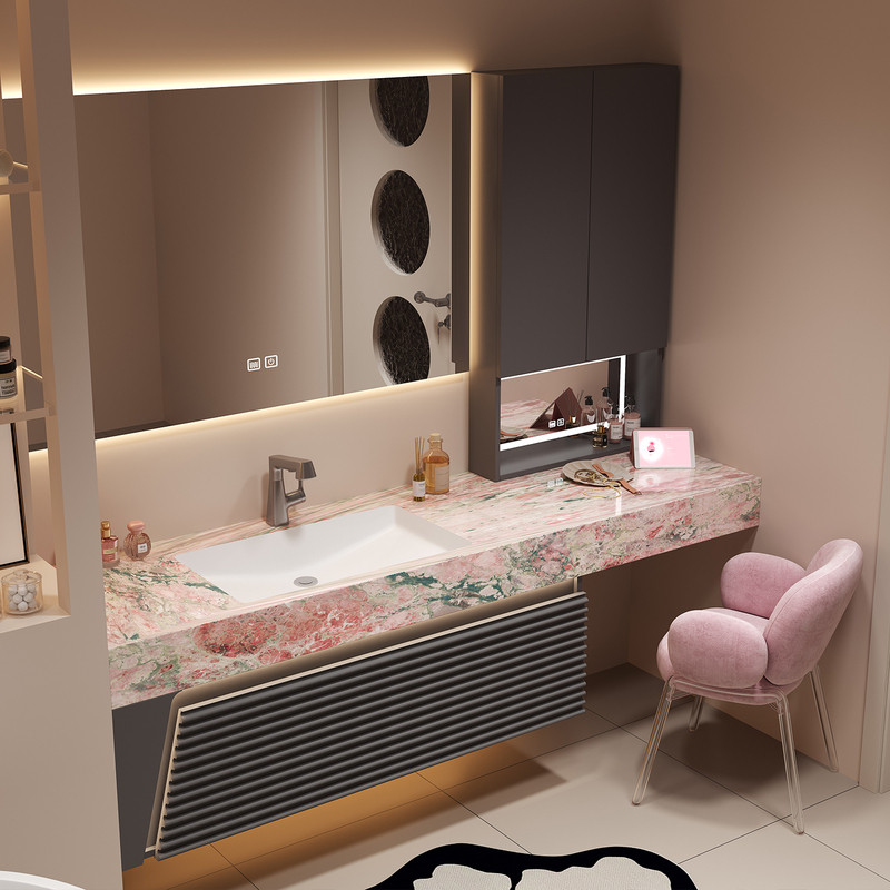 2026 New Model Oak Vanity Cabinet Integrated Bathroom Cabinet Set with Seamless Rock Slab Washbasin and Makeup Cabinet 2026 New Model Oak Vanity Cabinet Integrated Bathroom Cabinet Set with Seamless Rock Slab Washbasin and Makeup Cabinet