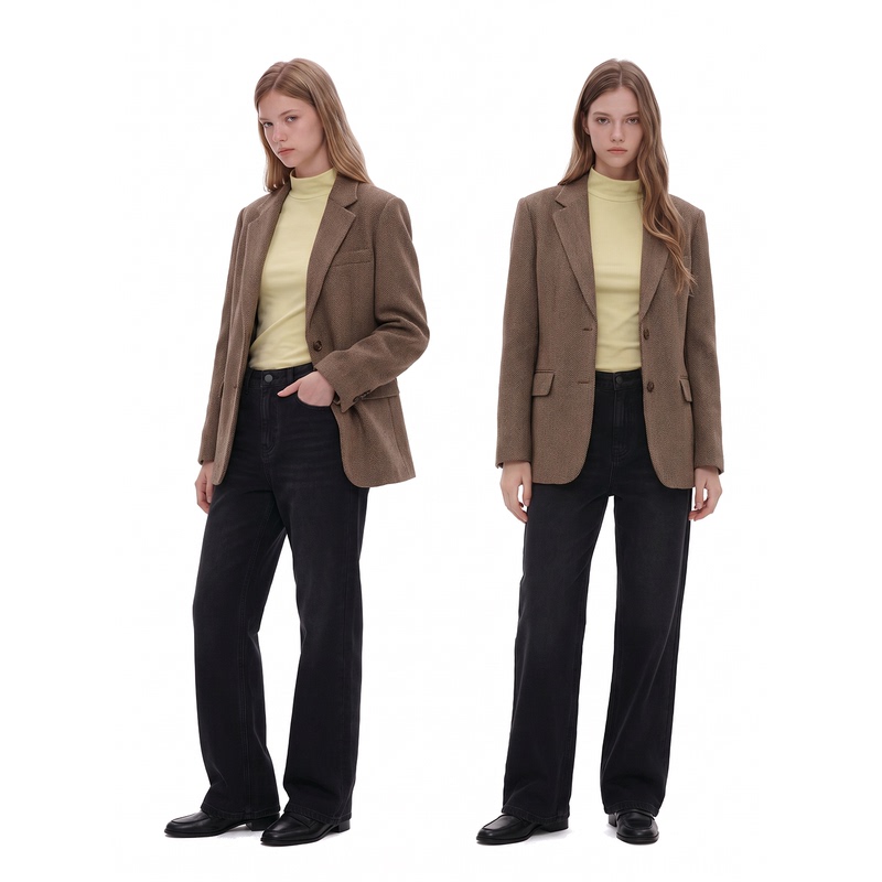 Bplusm 2026 Autumn Herringbone Wool Mid-Length Drop-Shoulder Loose Vintage Casual Wool Blazer