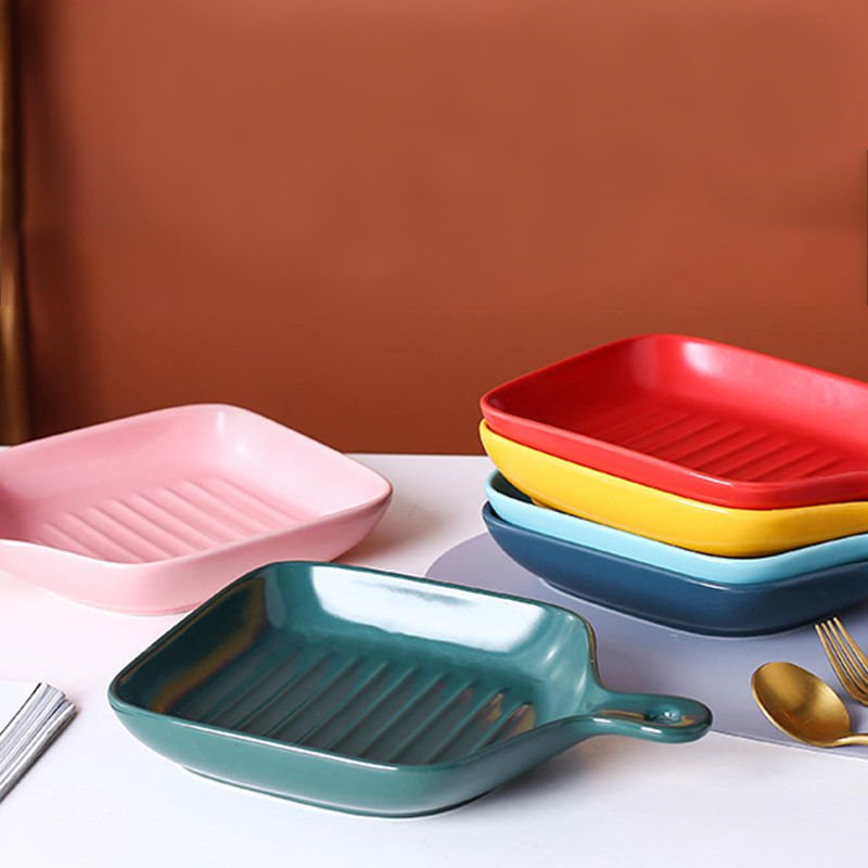 Single handle baking tray breakfast plate net red plate with cute ceramic baking plate Nordic style tableware ceramic plate microwave oven