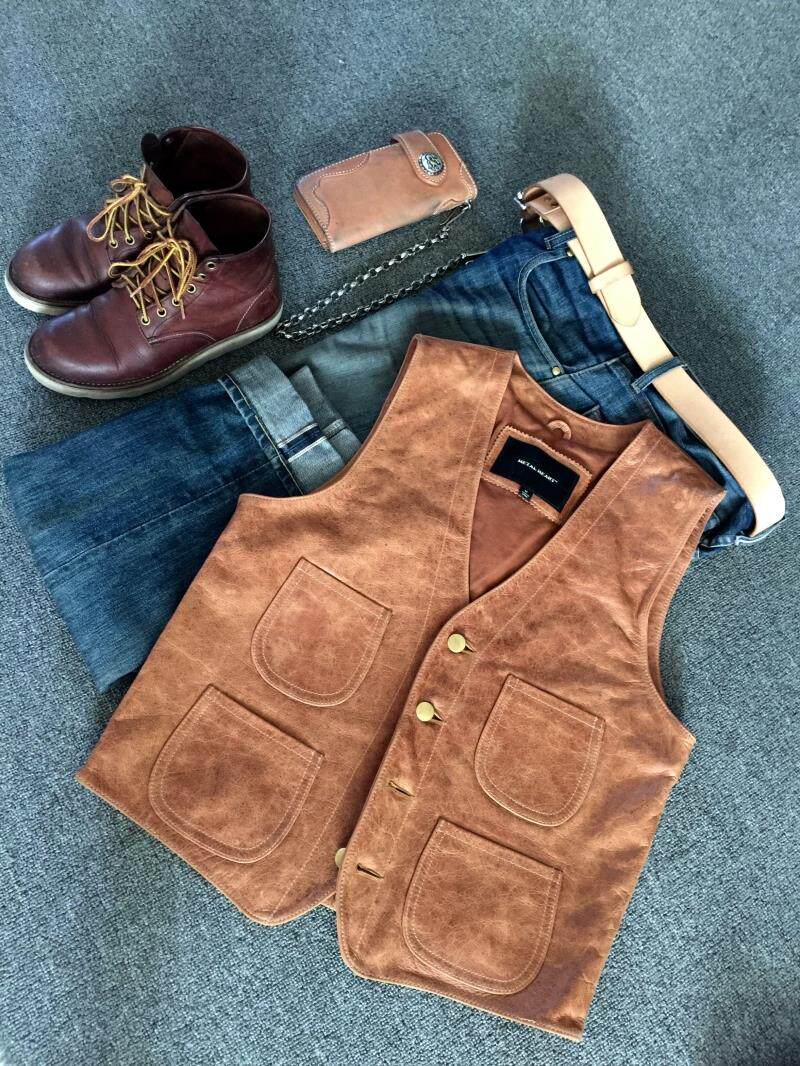 METAL HEART Retro Leather Vest Retro Click Style Oil Wax Leather Vest