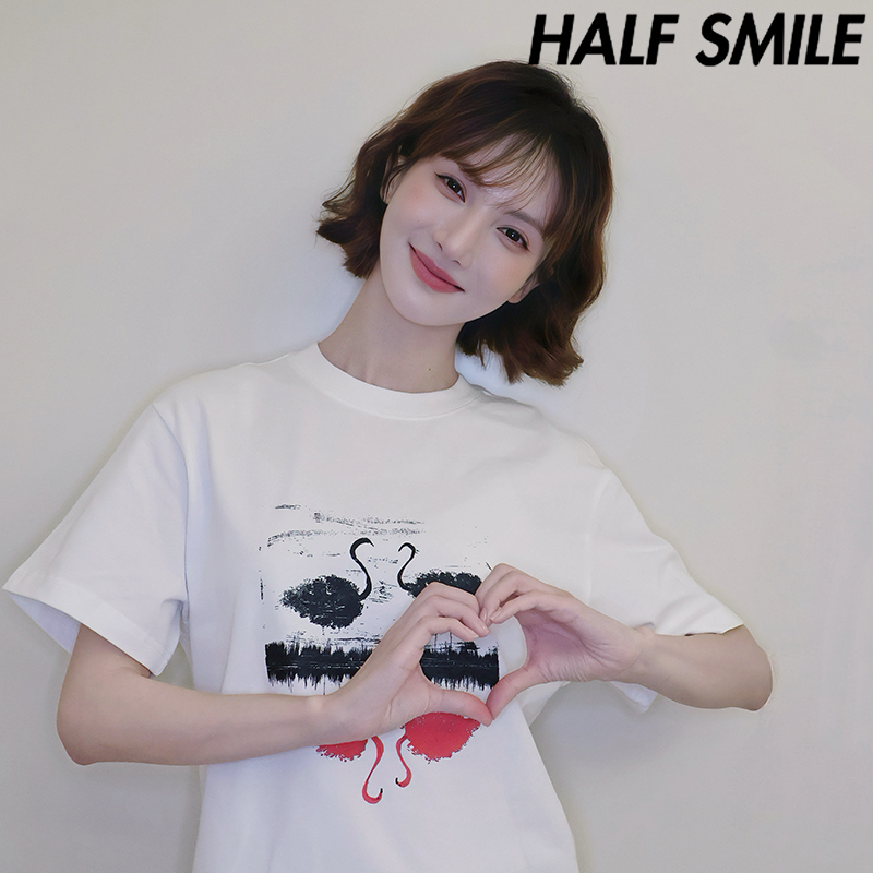 Jin Chen's Same Style Halfsmile Half Smile Original Design Unisex Versatile Slimming White Trendy Brand T-Shirt