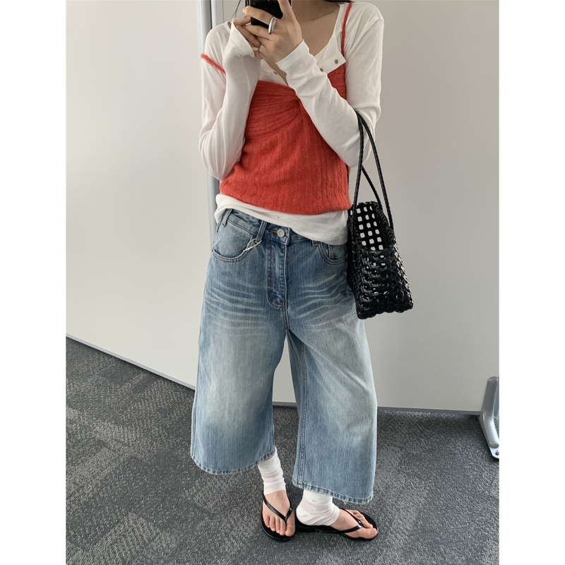 Gm60267 Korean Style High-Waisted Wide-Leg Cropped Jeans for Women, 2026 Summer New Style, Slimming Straight-Leg Pants for Petite Figures