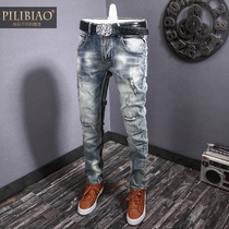 European station mens jeans New Spring hole Tide brand Slim foot pants scraped beggar nine long pants men