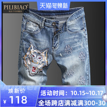 European fashion mens denim shorts trendy brand domineering wolf head embroidery hole five-point pants loose straight casual pants