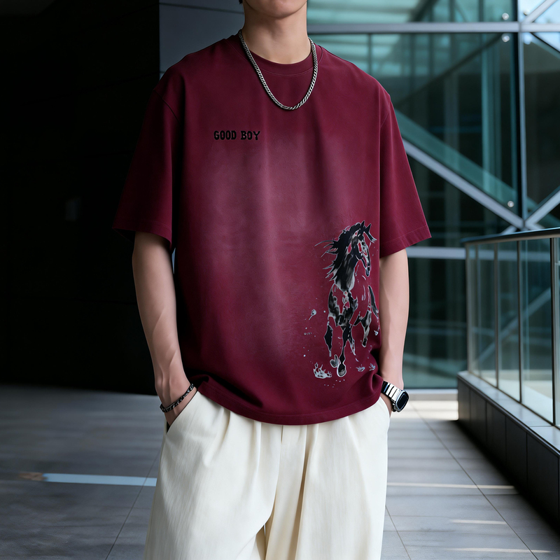 Year of the Horse Red Pure Cotton Printed Men's Short-Sleeved T-Shirt Summer Loose Casual Round Neck Trendy Brand 2026 New Style T-Shirt