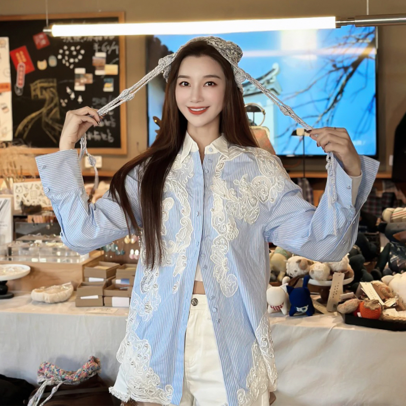 Blue Vertical Striped Hollow-Out Shirt for Women, Spring and Summer Design, Niche Loose Splicing with Beaded Embroidery and Turn-Down Collar Top