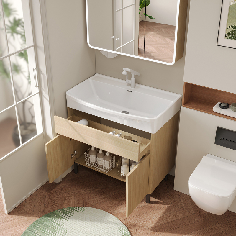Natural Wood Color Honeycomb Aluminum Bathroom Cabinet with Deep Washbasin, Floor-Standing Integrated Ceramic Wash Basin Set Natural Wood Color Honeycomb Aluminum Bathroom Cabinet with Deep Washbasin, Floor-Standing Integrated Ceramic Wash Basin Set