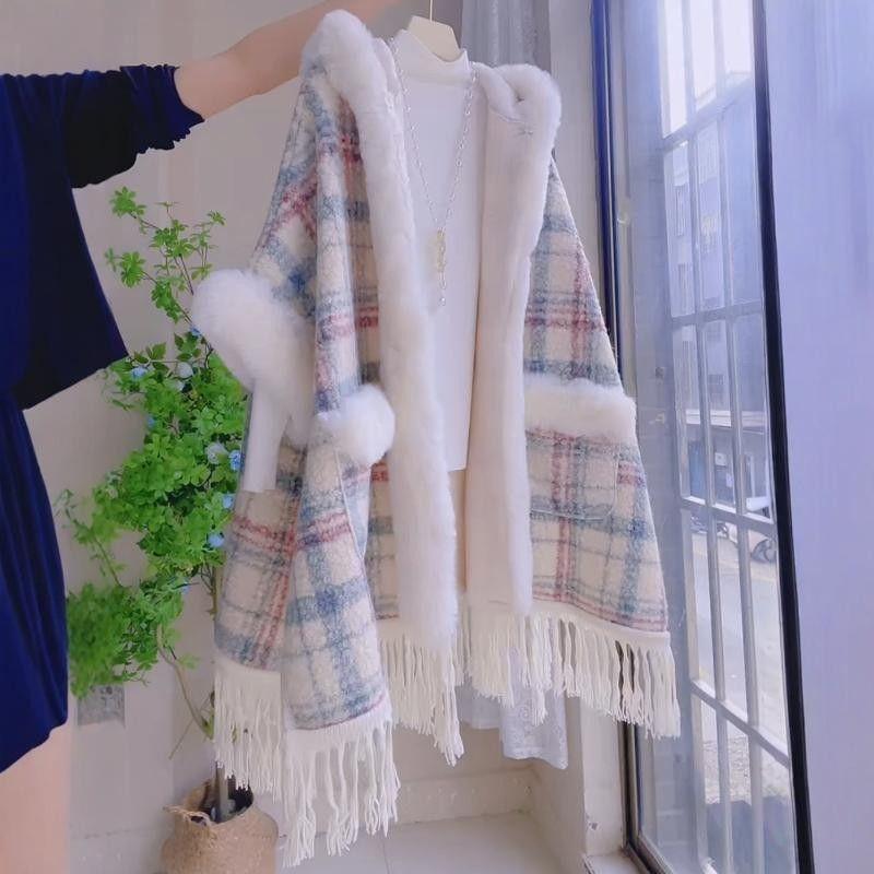 Autumn and Winter Hooded Fleece-Lined Thickened Pocket Plaid Loose Cape Shawl Plus Size Women's Mid-Length Woolen Cloak Outerwear