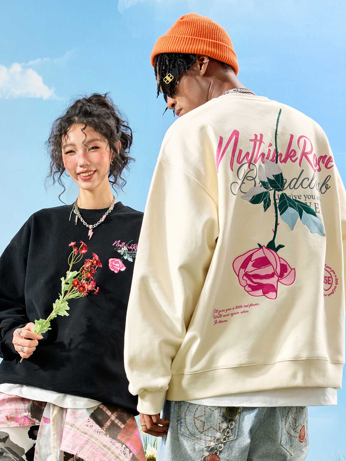 Nuthink美式潮牌字母玫瑰花重磅刺绣圆领卫衣外套男女2025秋新款