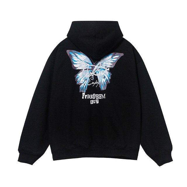 Nuthink American trendy butterfly embroidery heavy sweatshirt loose trendy brand men's spring and autumn hooded jackets large sizes