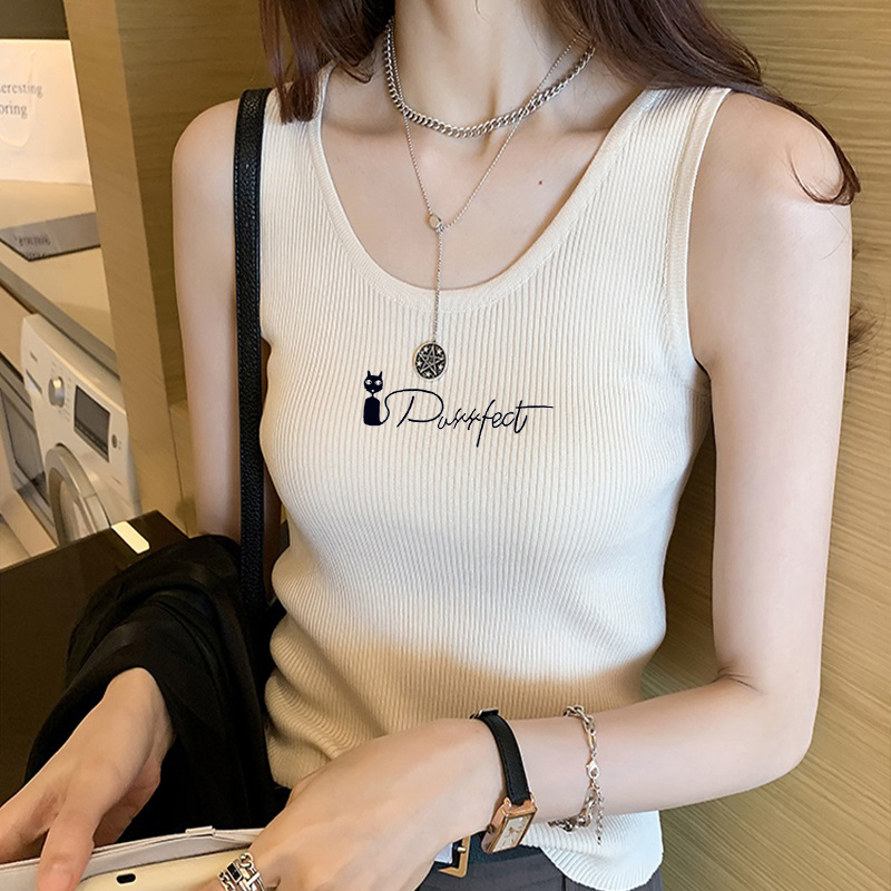 European Style White Camisole for Women, 2026 Summer New Slim Fit Letter Print Sexy Top Base Shirt